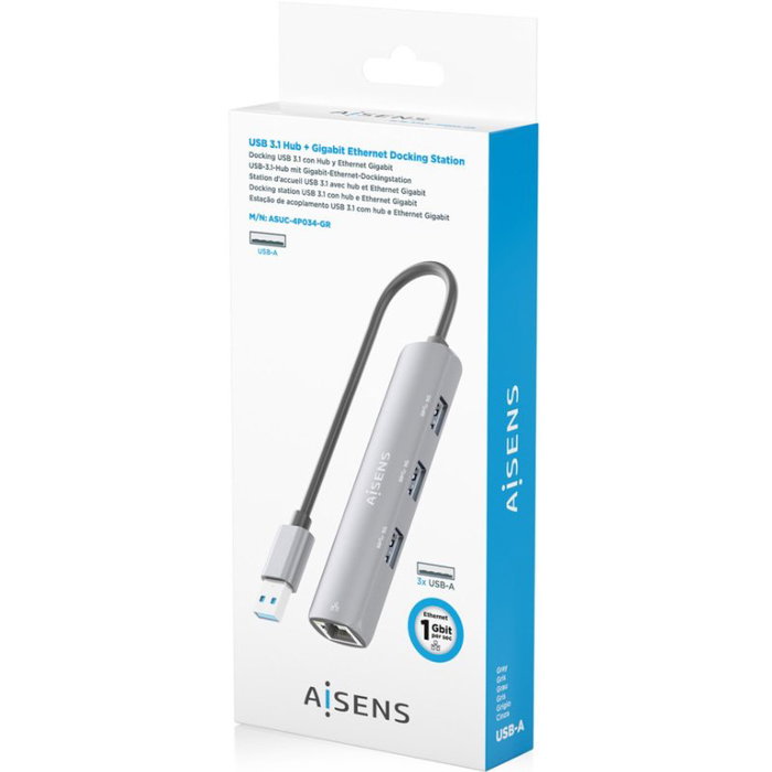 Aisens USB-A Docking Station con Ethernet Gigabit y 3 puertos USB-A, Gris
